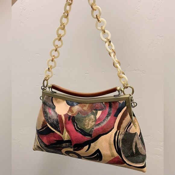 Abstract Print Genuine Cowhide Handmade Double Kisslock Bag with 2 Strap Styles - Picture 9 of 16